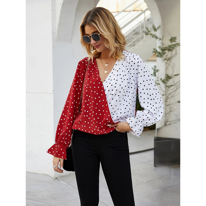 Women's Shirt Autumn Polka Dot Color Matching Printed Long Sleeve Shirt