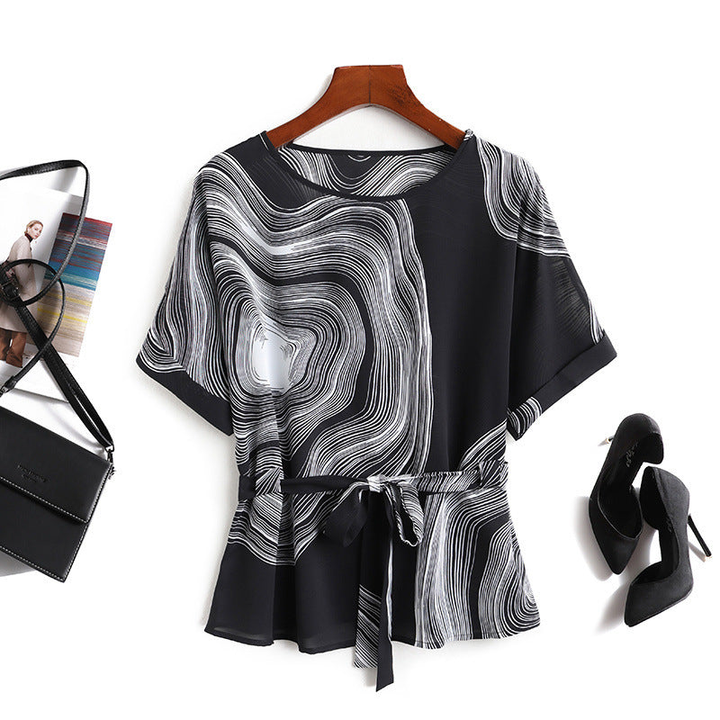 Retro Abstract Print Waist Trimming Loose Women's Short-sleeved Chiffon Shirt