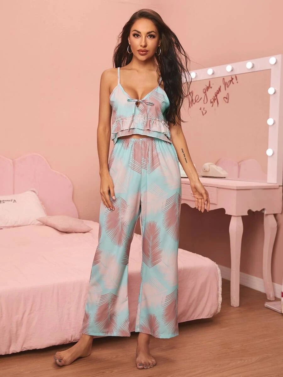 Ensemble de pyjama confortable à col en V et imprimé écharpe