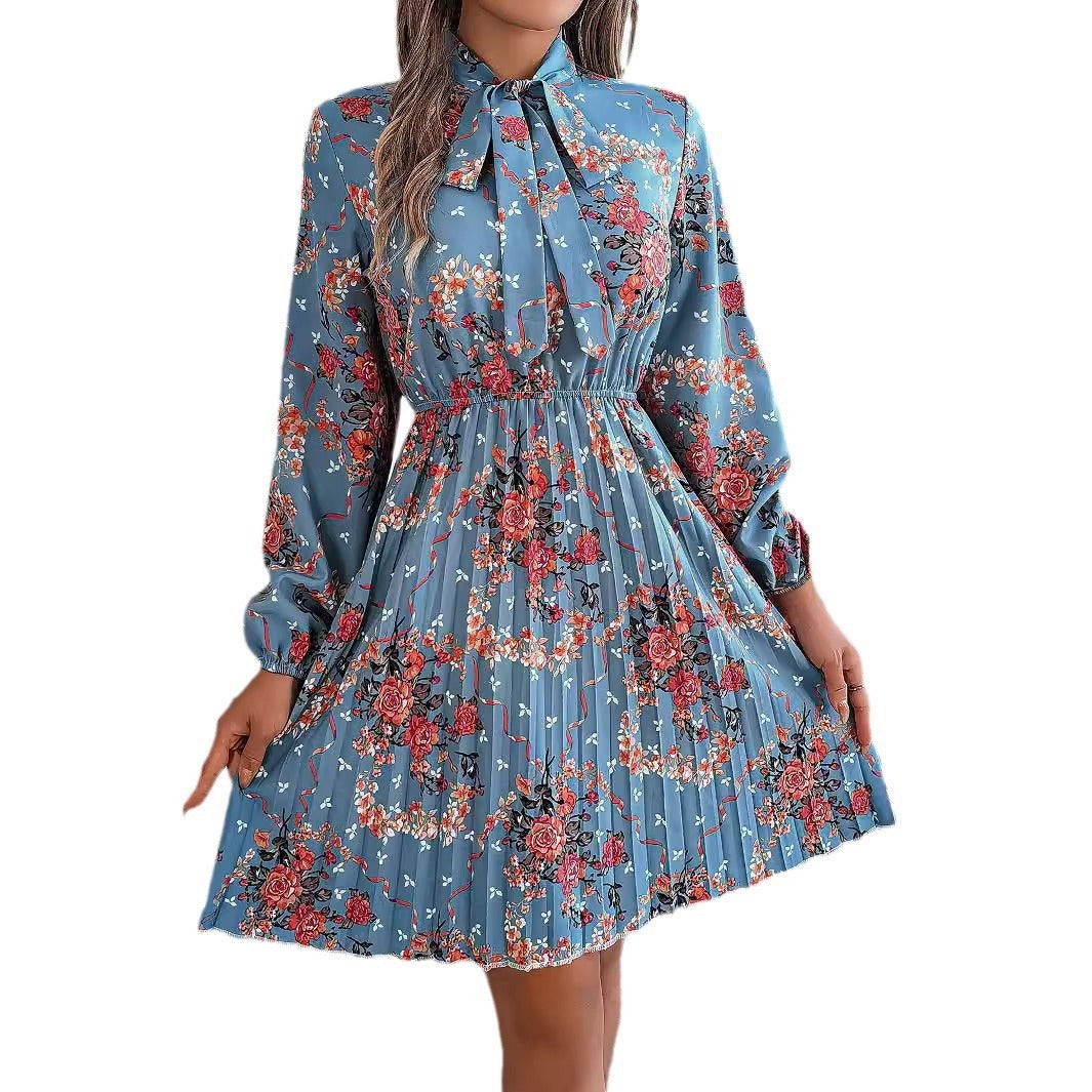 Jupe plissée à manches longues et lacets à taille contrôlée, style européen et américain, automne et hiver, élégante, à fleurs