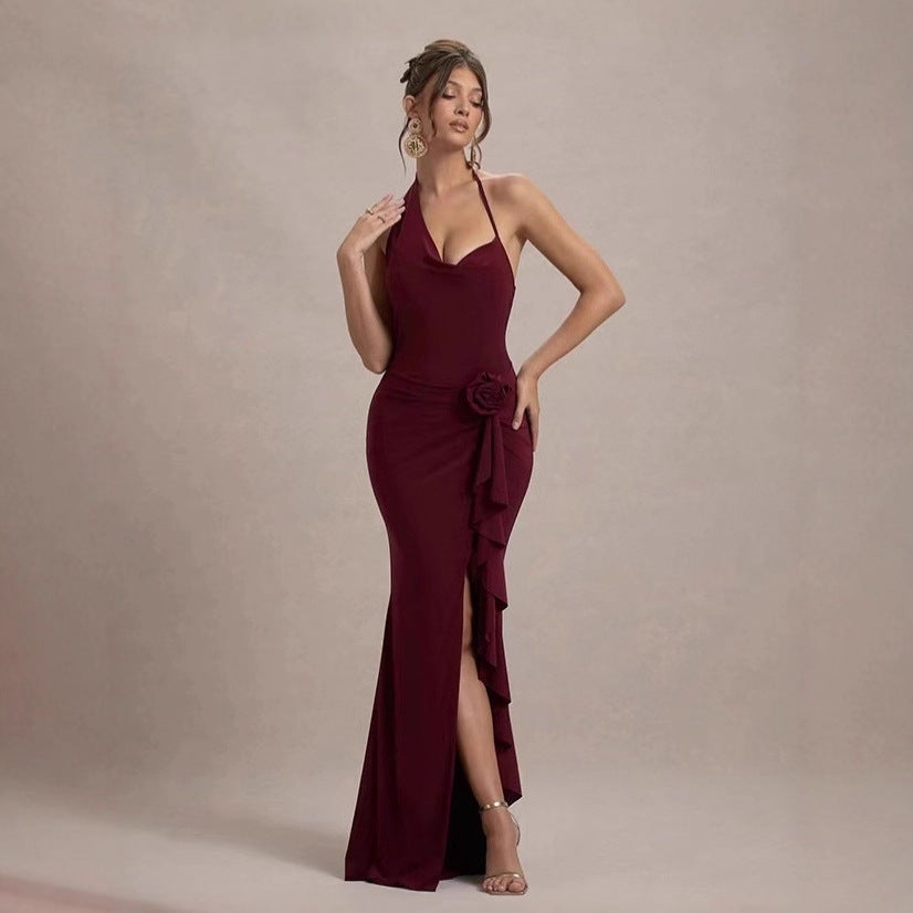 Sexy Asymmetrical Halterneck Three-Dimensional Floral Slim-Fit Split Evening Gown