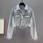Denim Coat Women's Worn Beaded Jacket Top