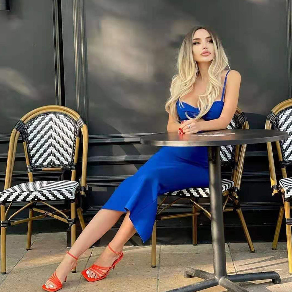 Robe longue à bandes, sexy, couleur unie, col en V, dos nu, pour soirée, club