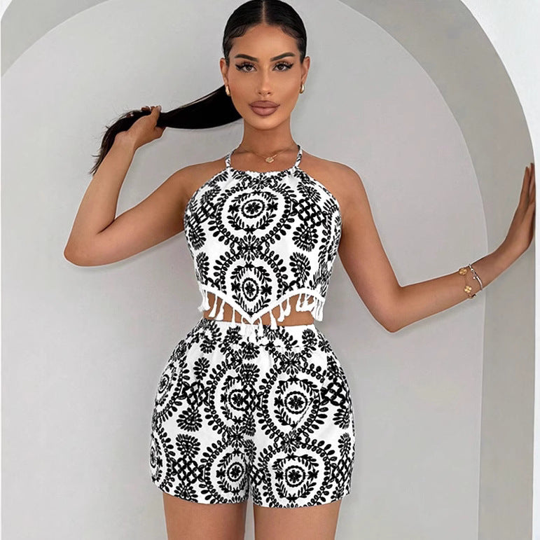 Women's Printed Tassel Top And Shorts Set