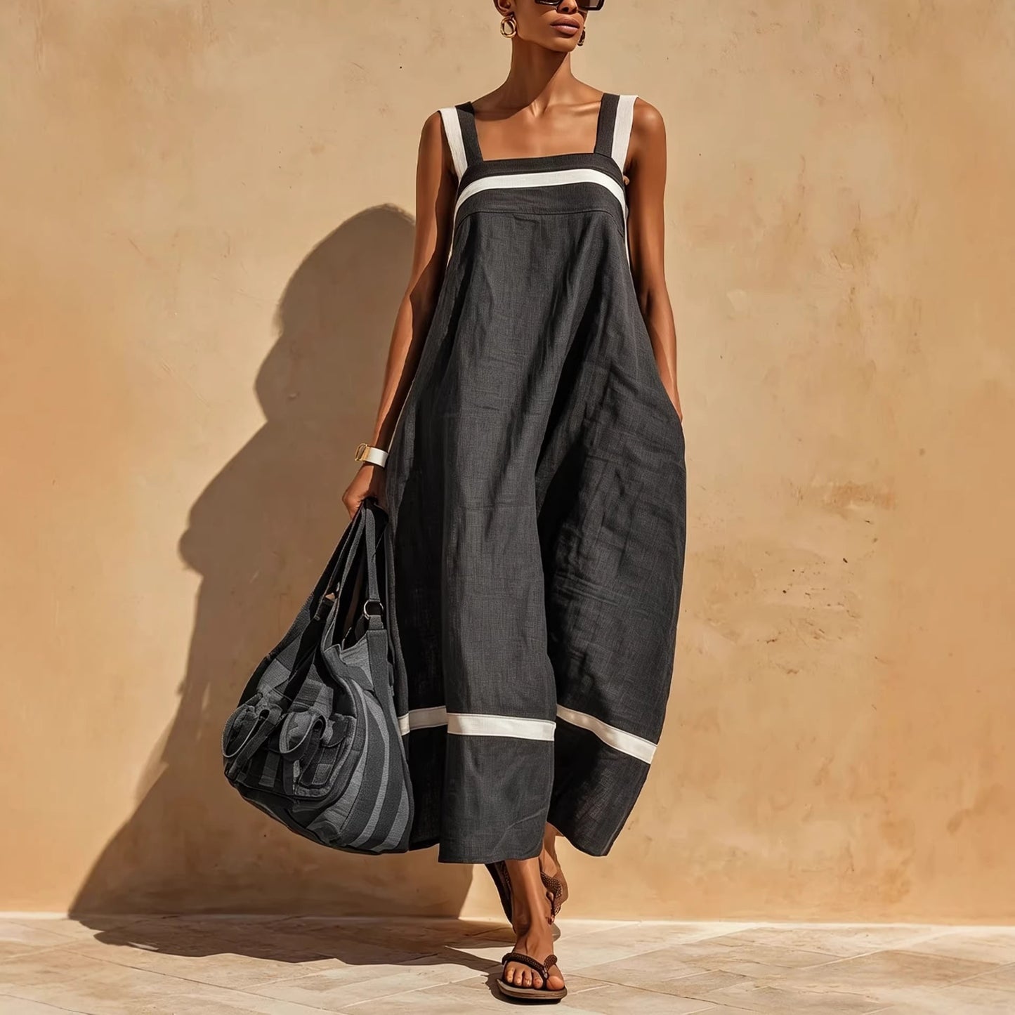 Strap Contrast-Color Womens Casual Loose Dress