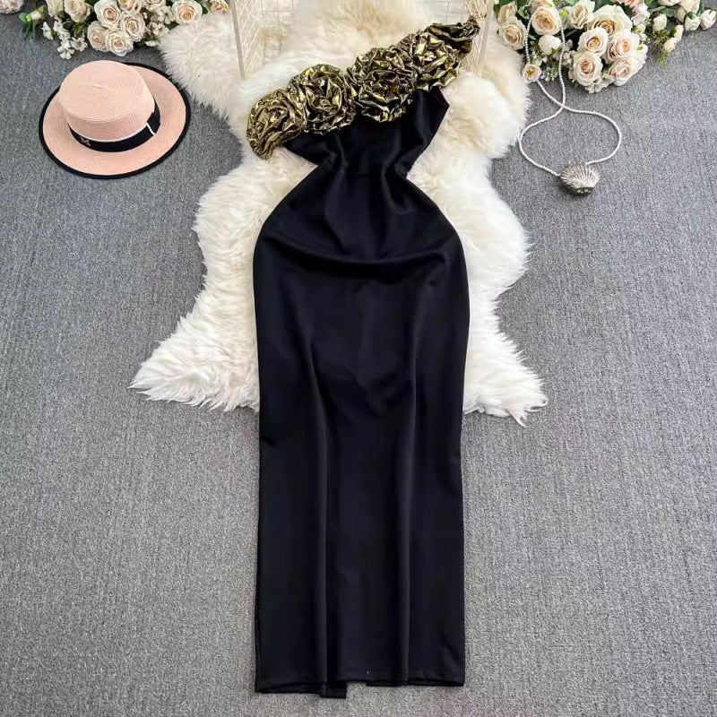 Robe tube sexy à épaules dénudées et motif floral tridimensionnel pour femme