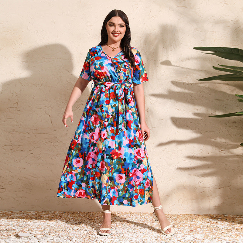 French-style Elegant Plus-size White Ink-wash Floral V-neck Short-sleeve Waist-cinched Maxi Dress