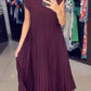 Robe longue plissée à manches courtes et col rond pour femme