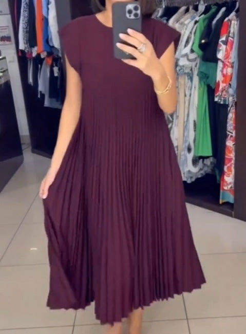 Robe longue plissée à manches courtes et col rond pour femme