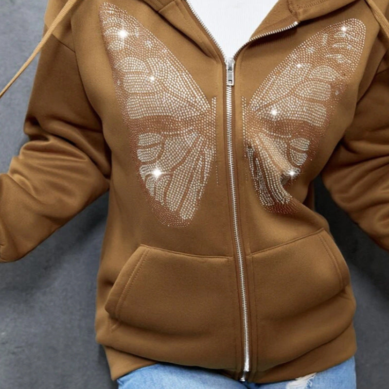 Women's Sweater With Fleece Pockets And Butterfly Zipper Cardigan