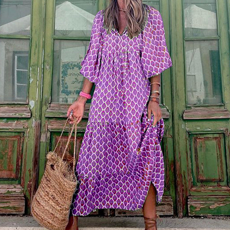 Robe d'été bohème vintage imprimée pour femme, élégante, décontractée, ample, col en V, manches courtes, longue