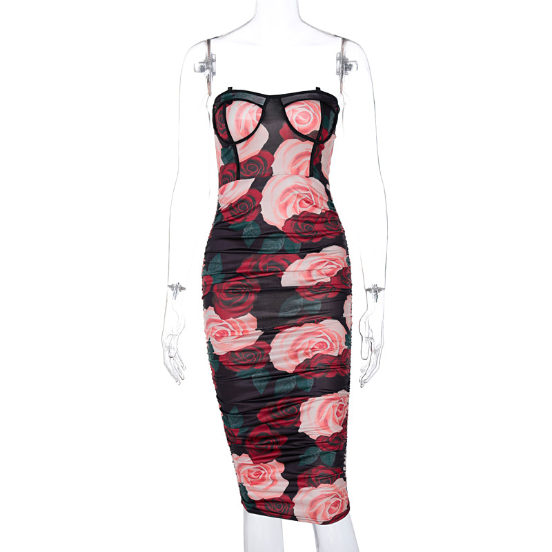 Women's New Smocked Print Square Neck Long Sleeve Slim Fit Dress