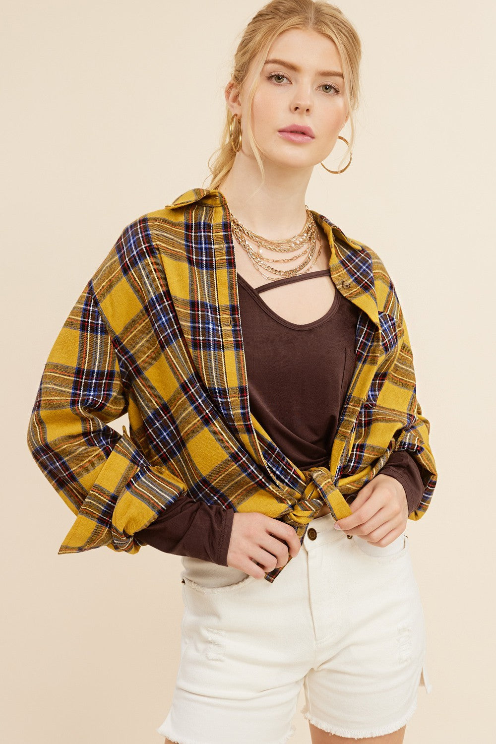 Women's Fashion Polo Collar Pocket Single-breasted Plaid Shirt