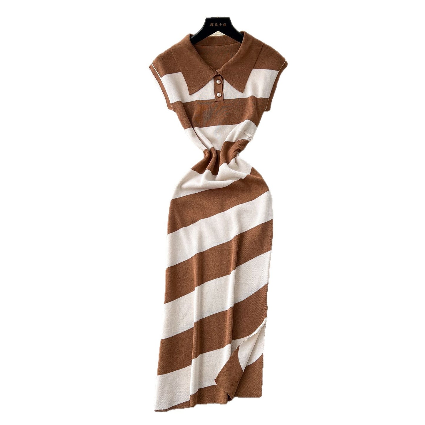 Niche Vintage-style Fashion Polo-neck Short-sleeve Contrast-striped Knit Dress