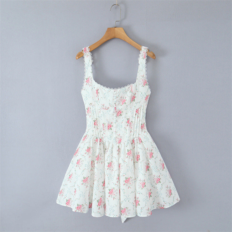 Rose Printed Lace Stitching Cotton Mini Dress