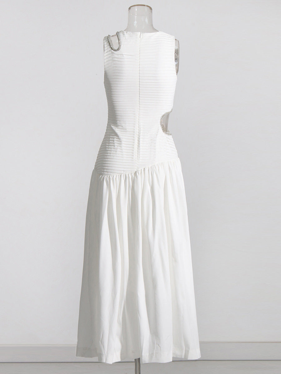 Robe mi-longue plissée à taille évidée pour femme, couleur unie