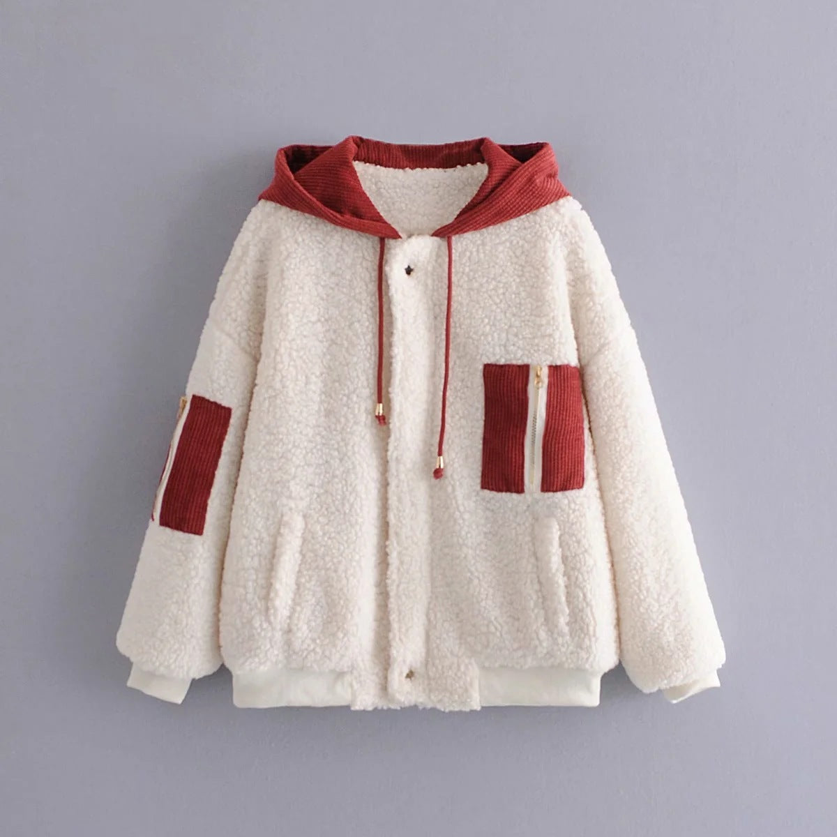Lamb wool hooded color-blocking thick warm cotton coat