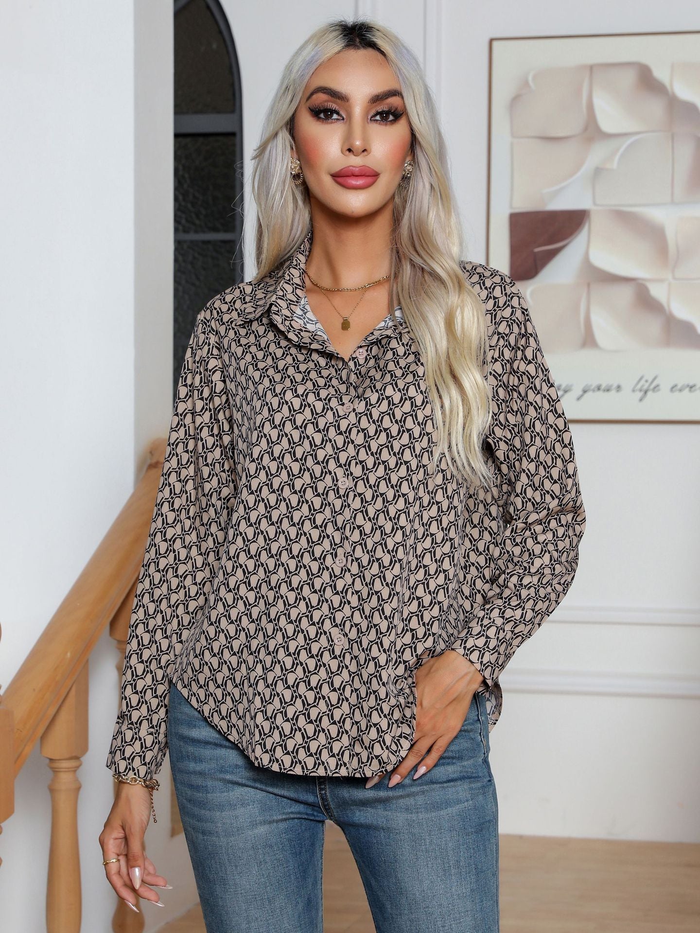 Fashion Geometry Pattern Printed Shirt Women's Long Sleeve