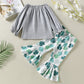 Four-Leaf Clover Printed Gray Long Sleeve Top White Trousers Two-piece Set