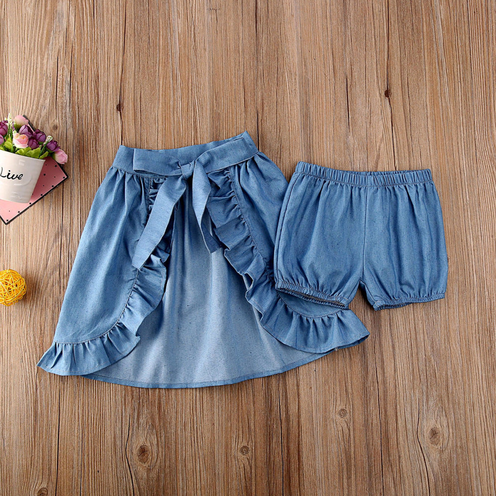 Polka Dot Sling Top Denim Shorts Short Skirt Three-Piece Suit