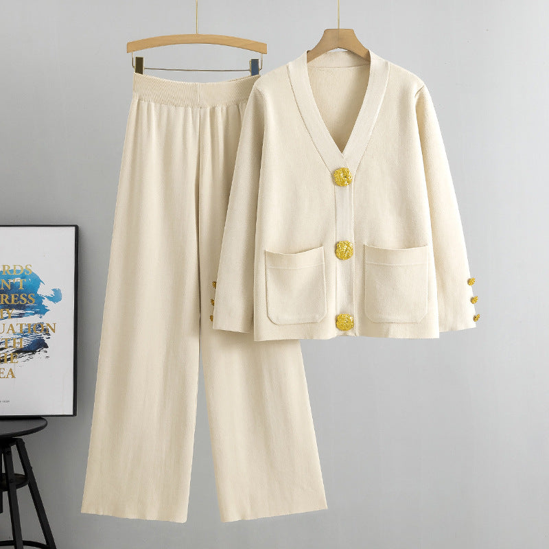Casual Fashion Metal Buckle Knitted Cardigan Suit