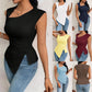 Diagonal Collar Slim-fit Solid Color Short Sleeve Women