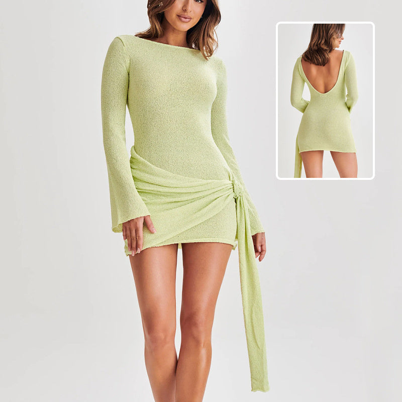 Robe moulante à manches longues, style Y2K, sexy, moulante, en V, dos nu, courte, vêtements pour femmes
