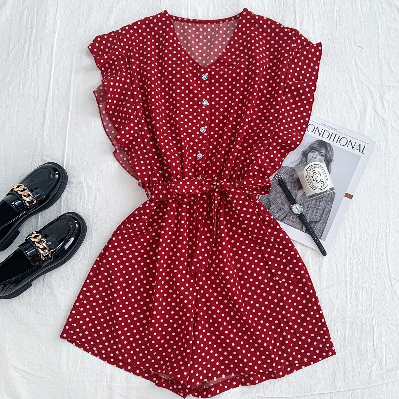 Versatile V Neck Polka Dot Flying Sleeves Lace Up Jumpsuit Wide Leg Pants Shorts
