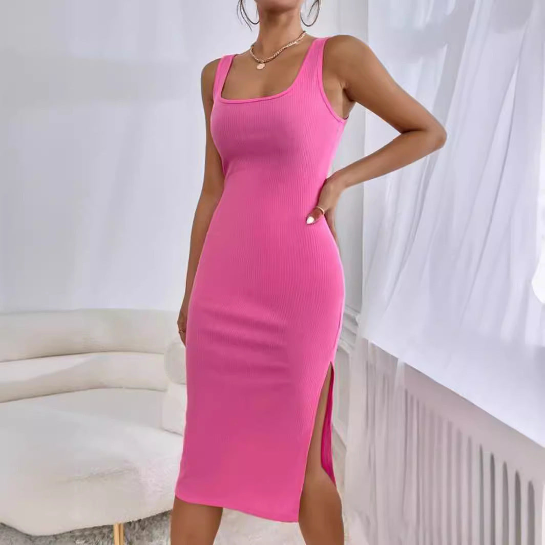 Robe élégante à rayures côtelées et col carré sans manches, amincissante et fendue