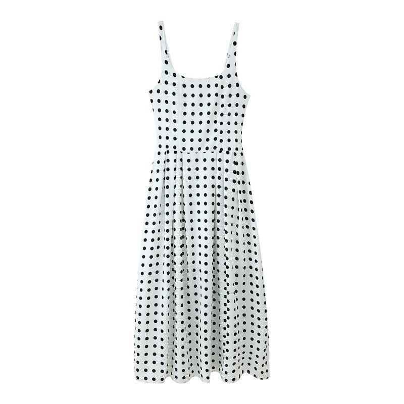 White Polka-dot Cinched Sling Dress