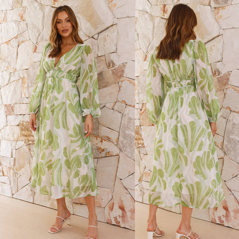 Robe en mousseline imprimée, col en V, tulle floral, manches longues