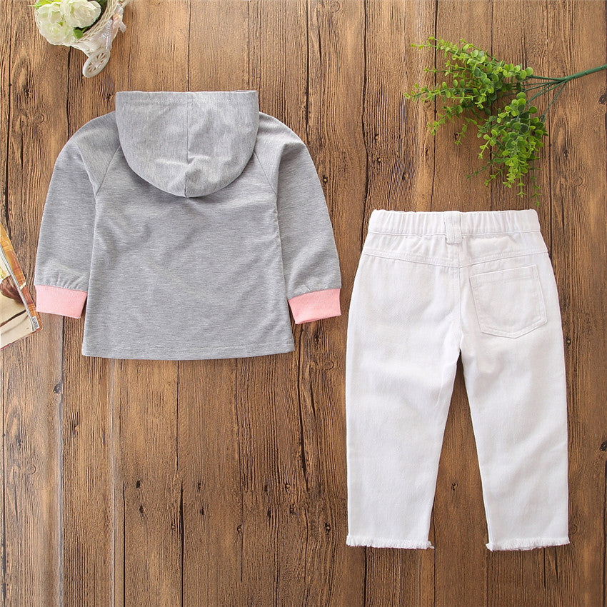Haut à capuche gris à manches longues et pantalon déchiré blanc, nouveau style printemps et automne