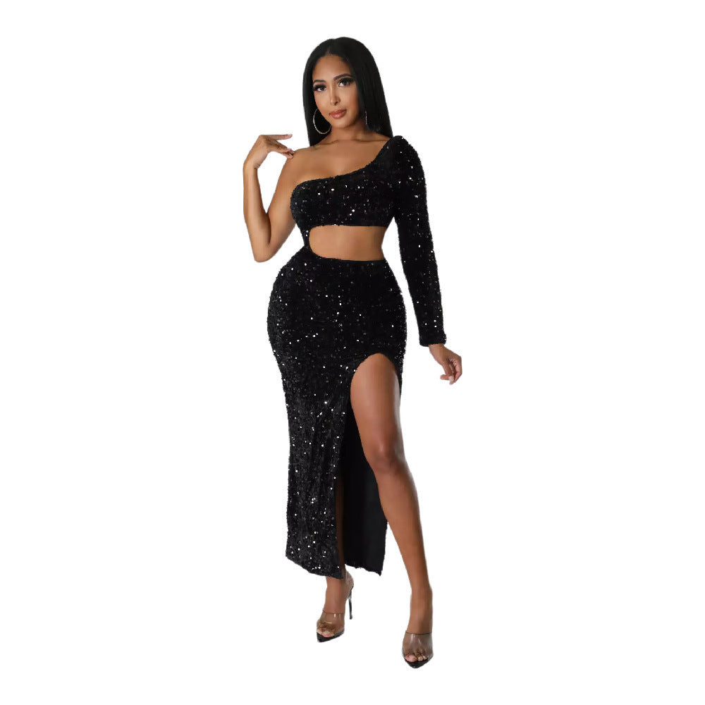 One-shoulder Fashionable Sequins Navel Split Hip Women's Clothing Dress