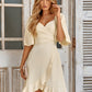 V Neck Solid Color Waistband Ruffle Dress