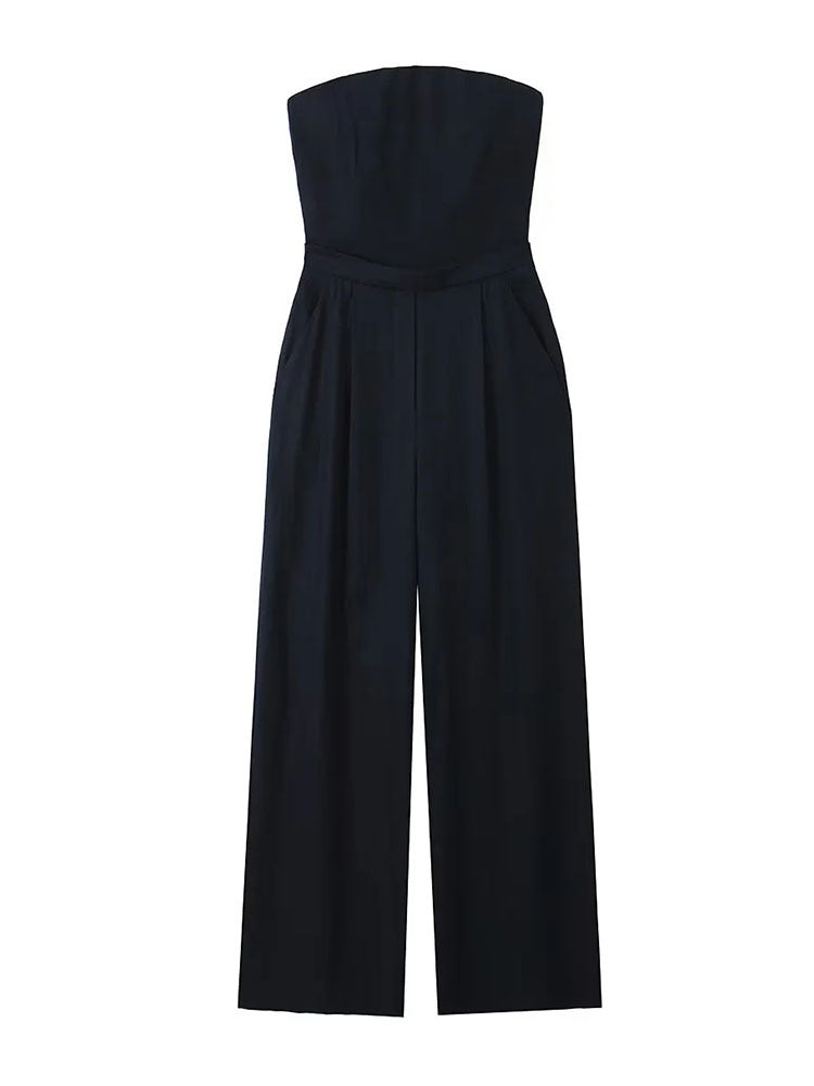 Combinaison ample noire en lin mélangé pour femme, style soutien-gorge