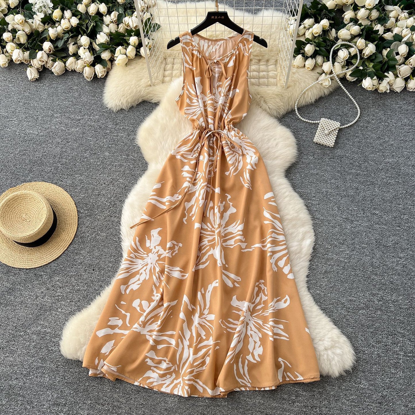 Retro Crew-neck Lace-up Sleeveless Printed Dress