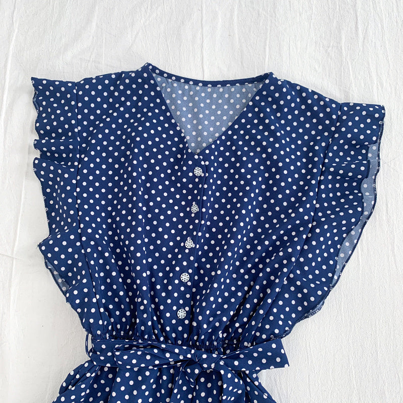 Versatile V Neck Polka Dot Flying Sleeves Lace Up Jumpsuit Wide Leg Pants Shorts