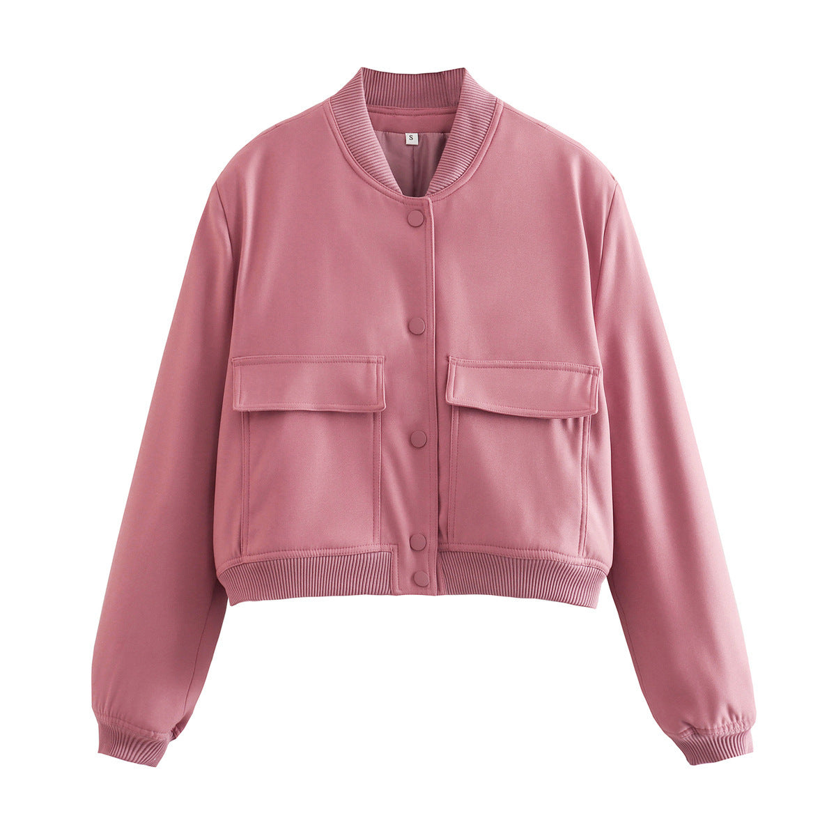 Veste courte décontractée à simple boutonnage et col montant avec poches, vêtement d'extérieur à manches longues et tendance pour femme