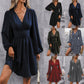 Robe à col diagonal, manches lanternes, taille plissée