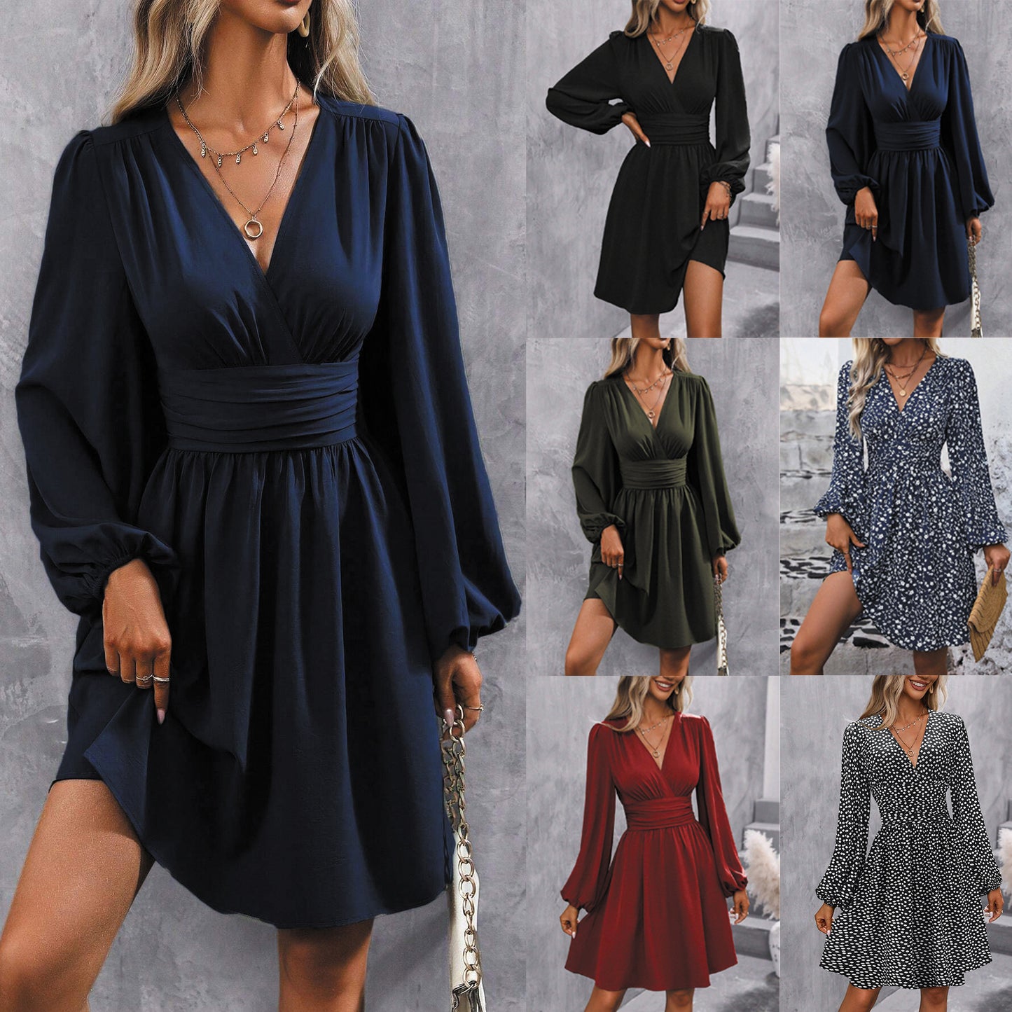 Robe à col diagonal, manches lanternes, taille plissée