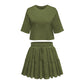 Round Neck Solid Color Half Sleeves Loose Top T-shirt Drawstring Pleated Skirt Commuter Suit