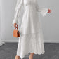 Elegant Vacation Long-Sleeve Hollow-Out Waist-Cinching Button Dress