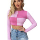 Women's Colorblock Checkered Pullover Irregular Long Sleeve Bottoming Shirt