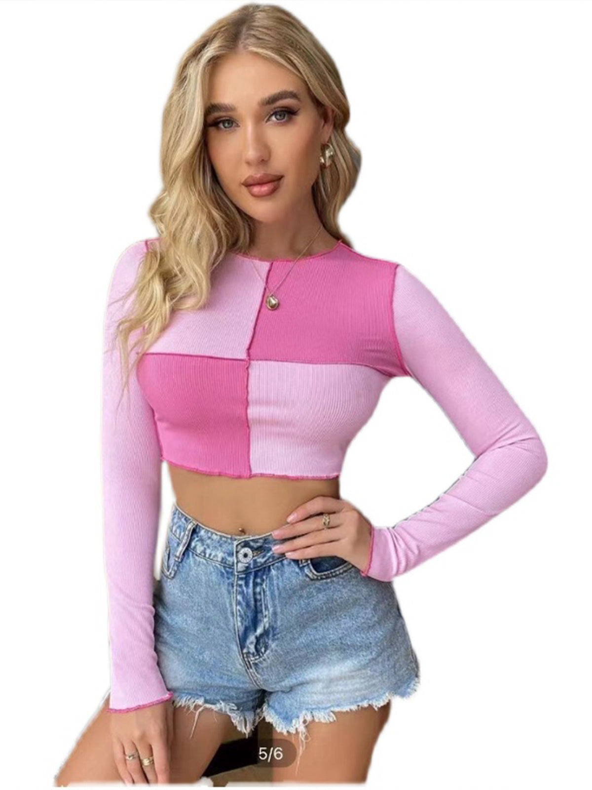 Women's Colorblock Checkered Pullover Irregular Long Sleeve Bottoming Shirt