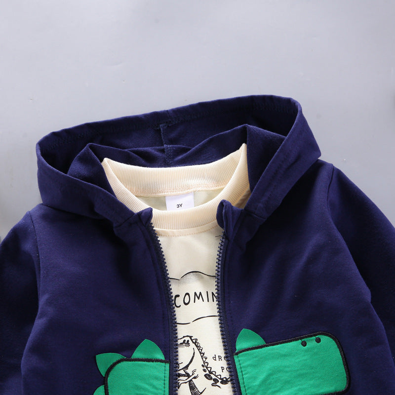 Boys' Cartoon Dinosaur Zipper Cardigan Three-piece Set
