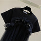 Mid-length Short-sleeved T-shirt Loose Slimming Contrast Color Beaded Bowknot Top