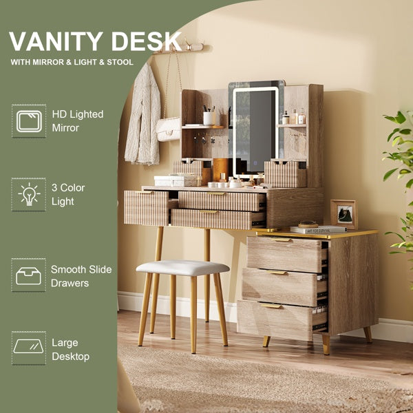7-Drawer Vanity Desk With LED Mirror & Carved Details, Fluted Makeup Table With Metal Legs And PU Stool, Carved Dressing Table With Jewelry Storage For Bedroom