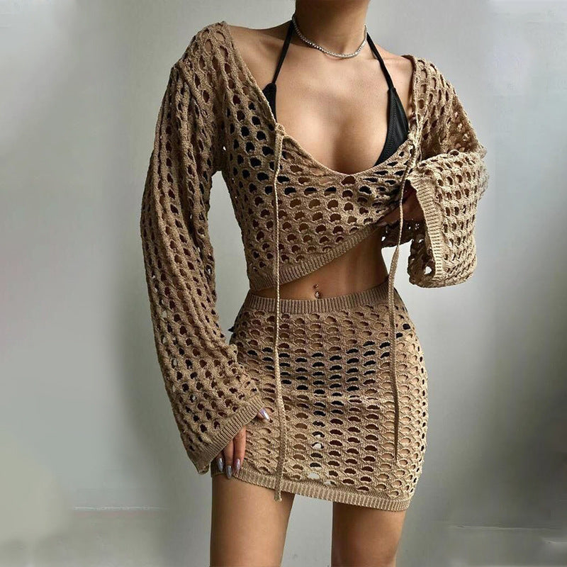 Maillot de bain bikini à col montant en tricot de couleur unie