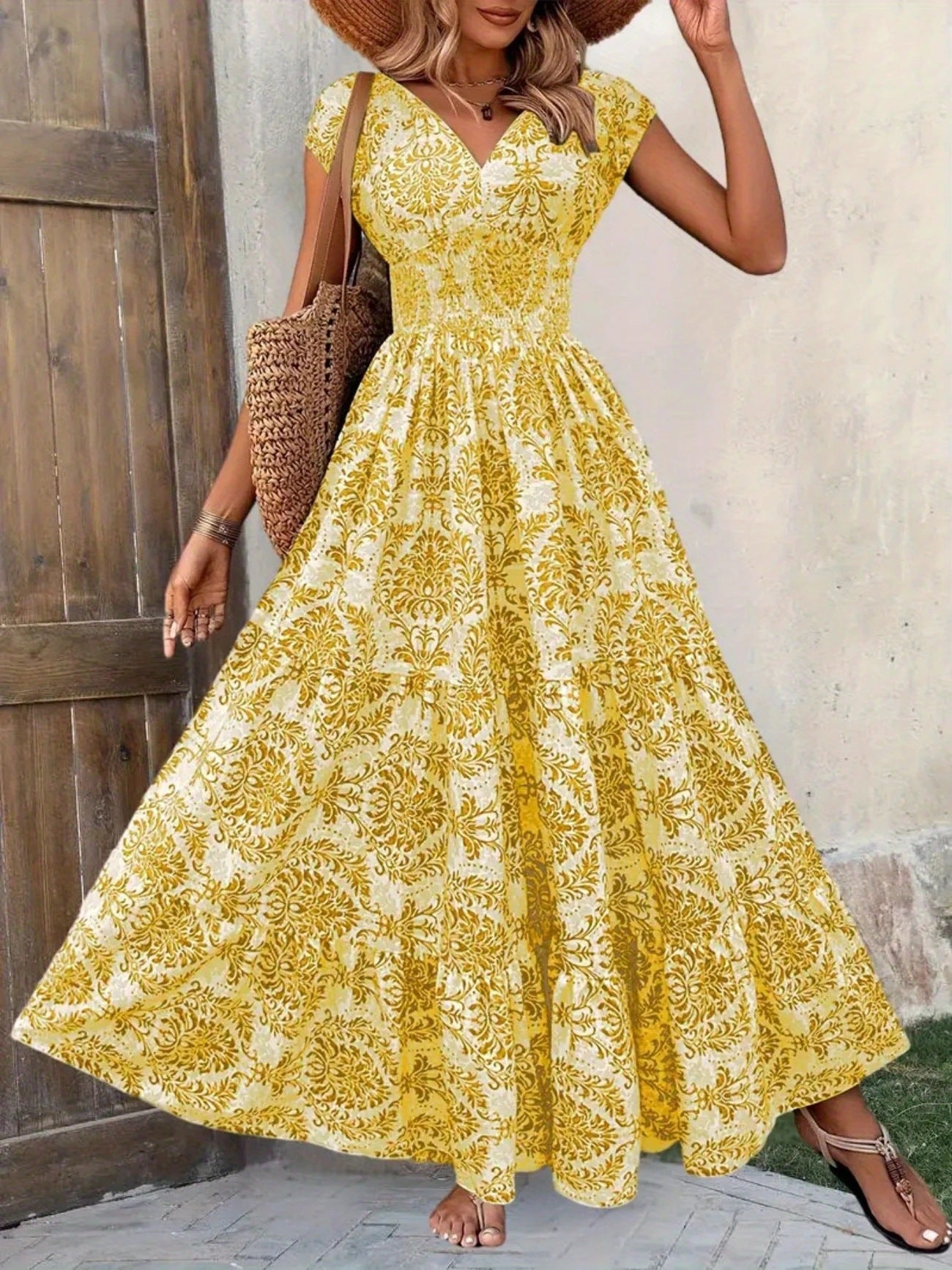 Printed V-neck Waist-tight Long Dress