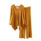 Ensemble pull-over élégant et tendance pour l'automne, haut en tricot plissé irrégulier à col en V, pantalon large